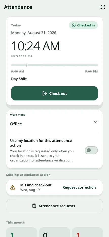 The attendance screen: today’s state, the shift window, work mode and the month so far.