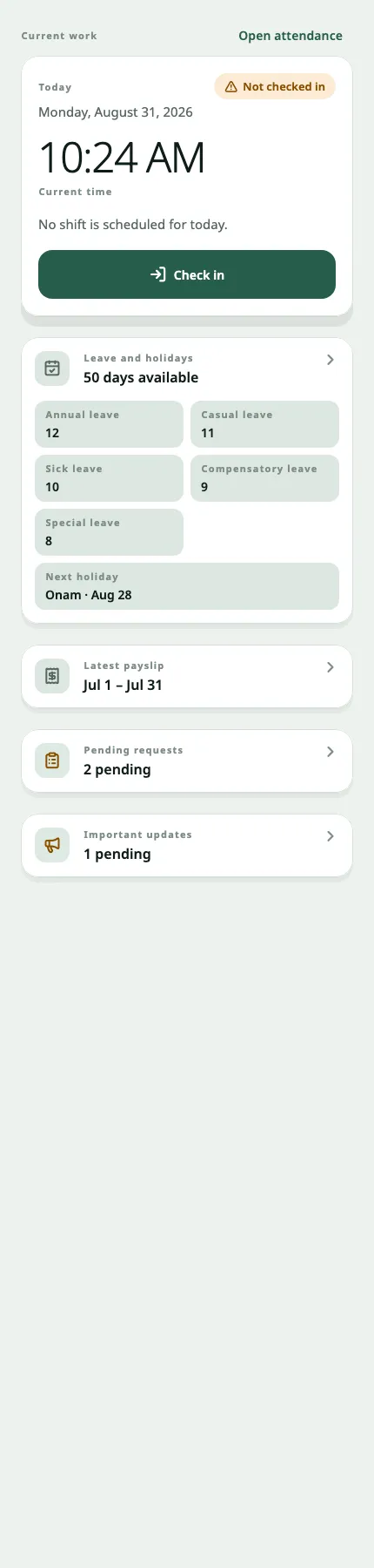 The NV360 People home screen: today's check-in with the current time, leave balances across five leave types, and the latest payslip.
