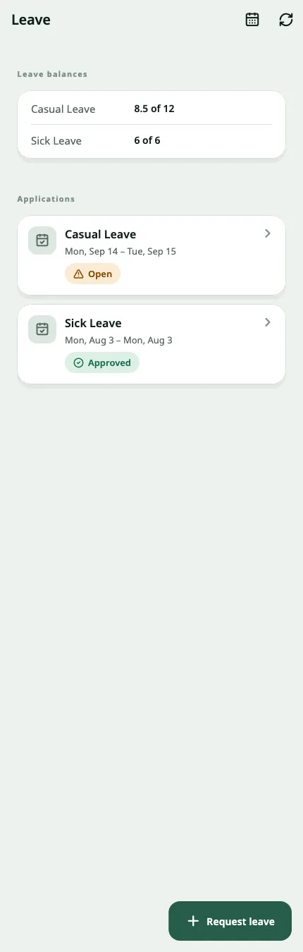 The leave screen: balances by leave type and the employee’s own applications with their status.