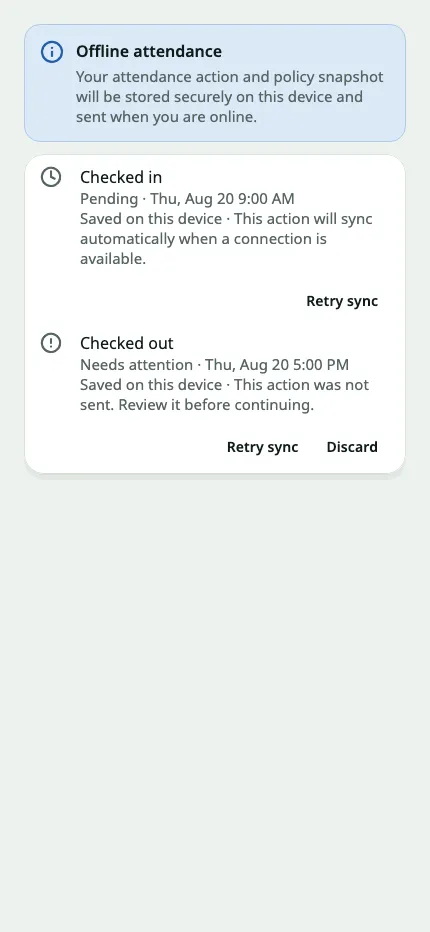 The NV360 People offline attendance screen: a check-in saved on the device and pending sync, and a check-out that needs attention, each with a retry action.