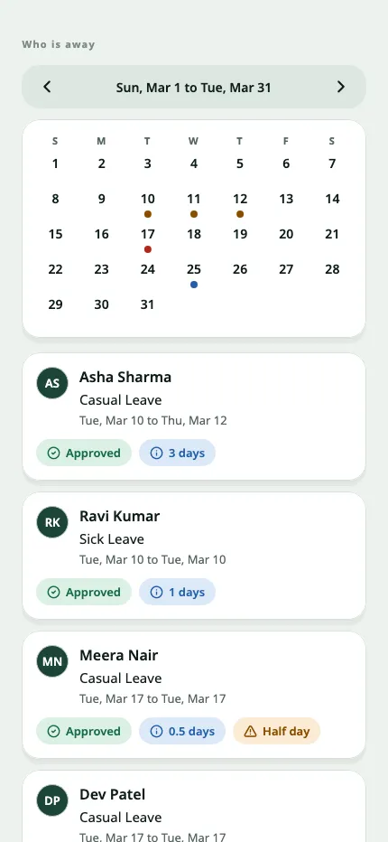 The team calendar: who is present, late or away across the manager’s own reports.